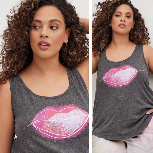 瑕疵200斤欧美大码女灰色红唇印花运动休闲中长腹部宽松背心运16