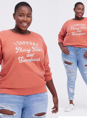 TO 160斤欧美大码女装桔色印花内薄拉绒插肩休闲圆领卫衣P103