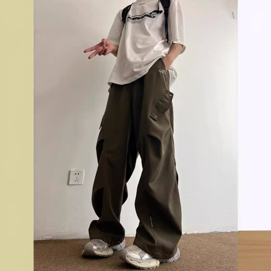 军绿色工装裤男夏季薄款褶皱设计感伞兵裤子宽松直筒阔腿休闲长裤
