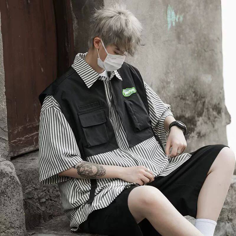 假两件条纹短袖衬衫夏季薄款日系