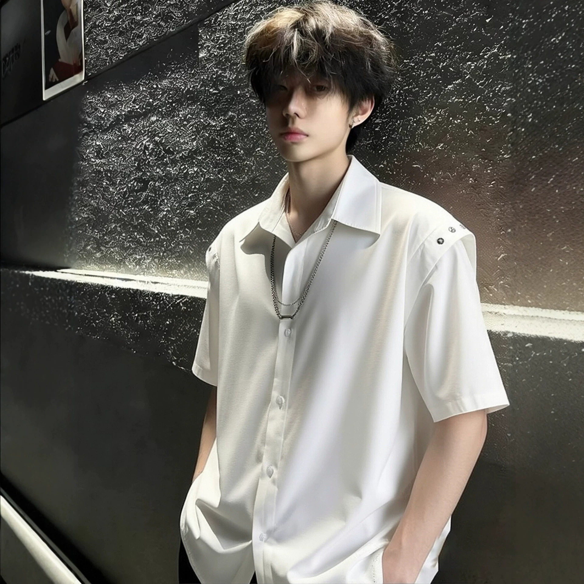 白色假两件短袖衬衫男款夏季痞帅