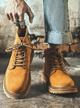 马丁靴男真皮高帮侧拉链内增高黄色工装鞋复古英伦冬季厚底大黄靴