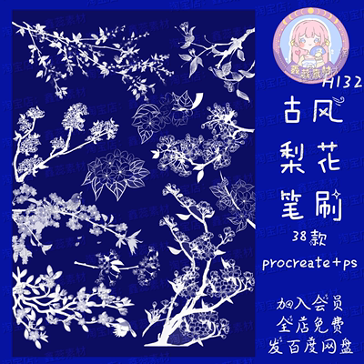 procreate笔刷ps笔刷古风梨花落花树枝花朵水墨氛围点缀笔刷