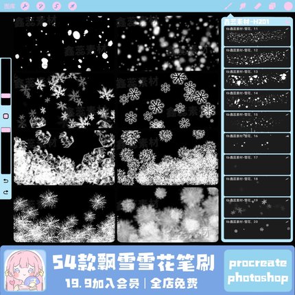 雪花procreate笔刷ps笔刷雪花飘雪霜花冬季飞雪雪堆氛围点缀笔刷