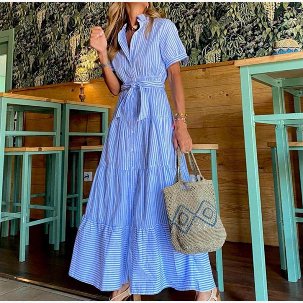Striped Long Dress 度假风翻领条纹短袖系带荷叶边大摆女连衣裙