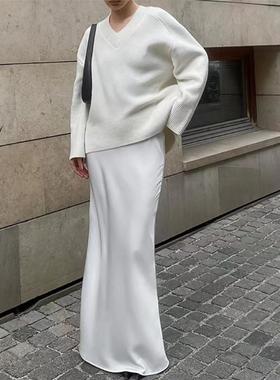 Satin fishtail skirt 法式轻熟白色缎面修身垂感高腰及地半身裙