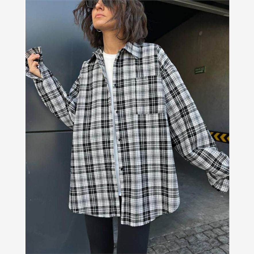 Striped Plaid Shirt 欧美风春季翻领格子条纹长袖口袋休闲衬衫女