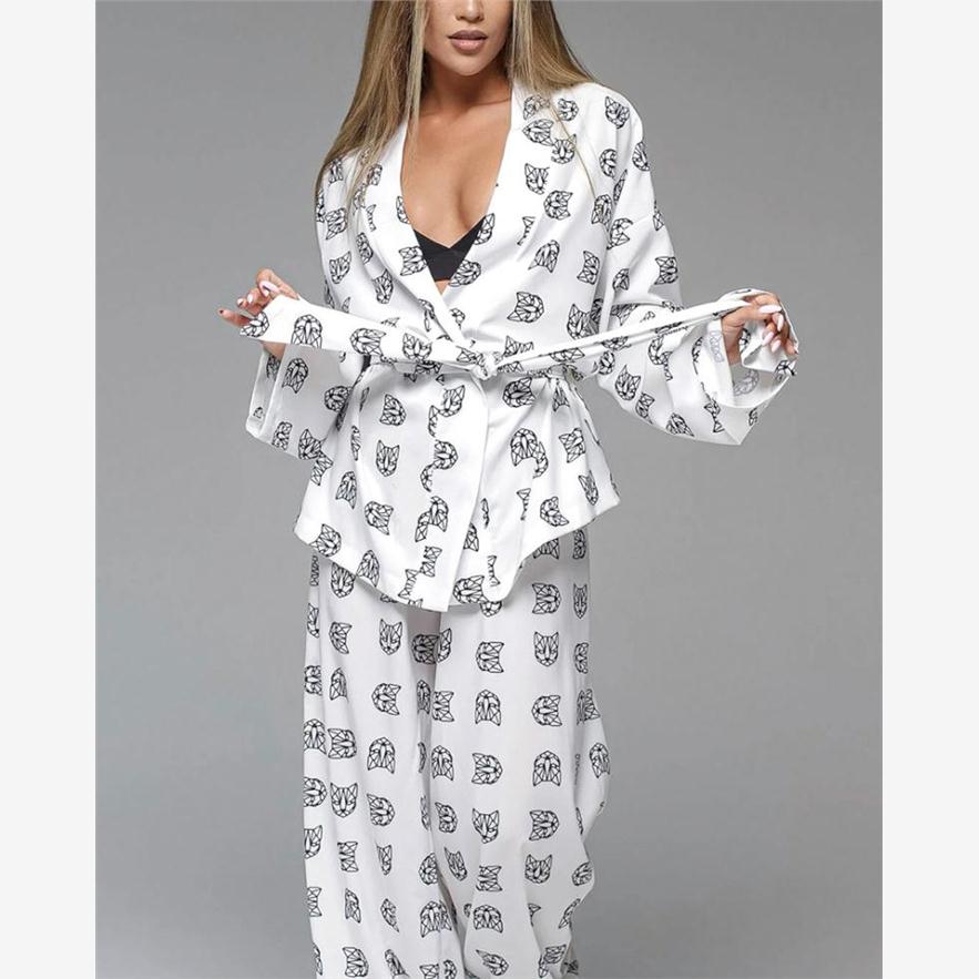Printed shirt pants set 欧美性感仿真丝开衫睡袍长裤印花套装女
