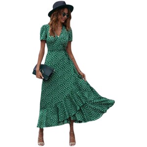 甜美轻熟夏季新款V领小碎花收腰系带不规则荷叶边短袖连衣裙礼服