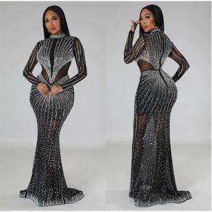 hot 欧美性感网纱烫钻立领长袖 drill dress 派对礼服裙 long Mesh