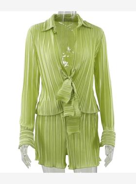 Pleated Shirt Ruffle Shorts Set 欧美翻领长袖衬衫短裤压褶套装