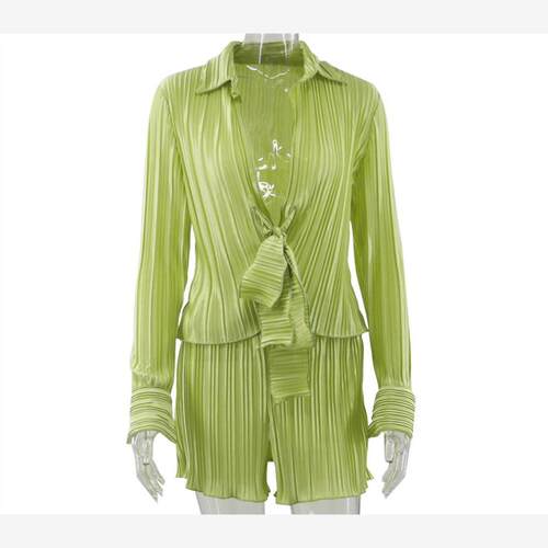 Pleated Shirt Ruffle Shorts Set 欧美翻领长袖衬衫短裤压褶套装