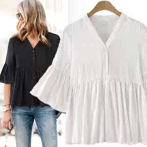 2018夏季新品欧美大码女装胖mm纯色拼接喇叭袖V领衬衫shirt women