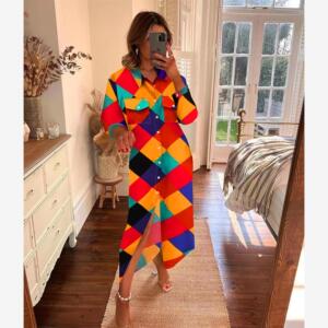 欧洲站春秋新款通勤POLO领单排扣几何格子印花宽松休闲长袖连衣裙