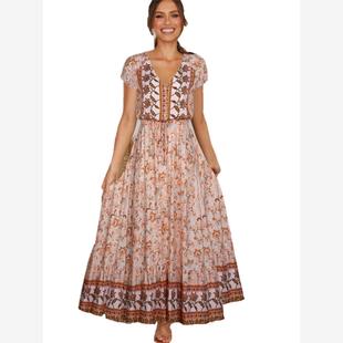 波西米亚V领纽扣棉绸碎花印花短袖大摆连衣裙沙滩度假长裙女DRESS