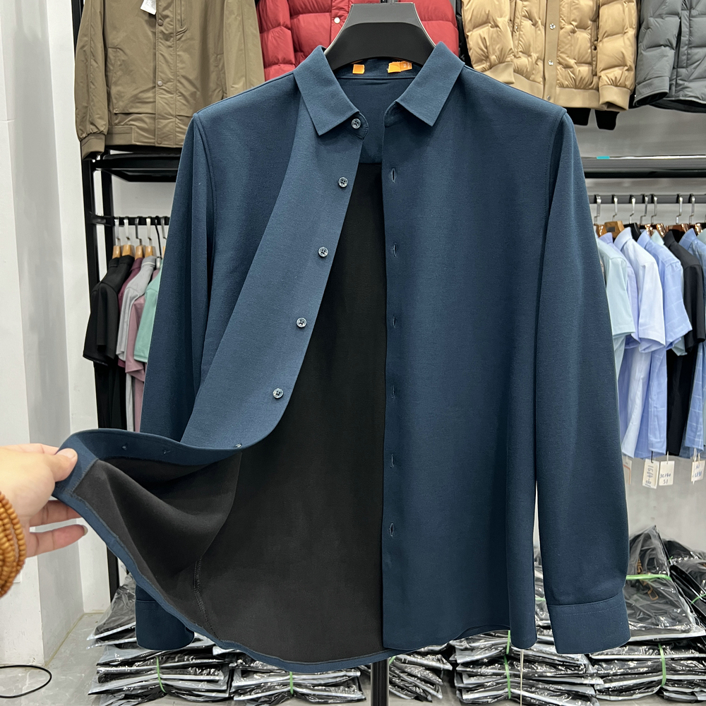 罗家一体绒保暖长袖衬衫纯色商务休闲中青年加厚抓绒日常无缝衬衣