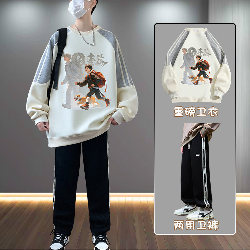 春季纯棉卫衣男孩13初中学生15岁青少年大童潮牌宽松长袖T恤套装