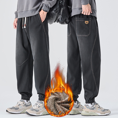 冬季加绒加厚牛仔裤松紧腰休闲裤