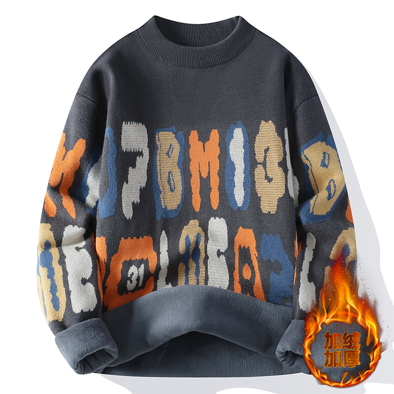 冬季宽松加绒加厚毛衣男孩13初高中学生14青少年15岁大童16针织衫