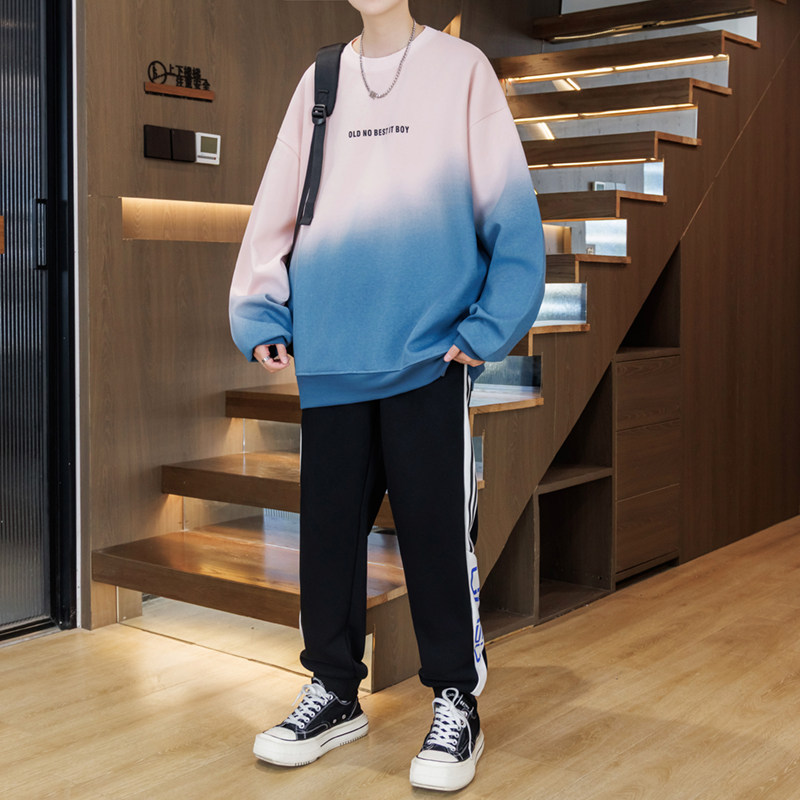 春秋季圆领卫衣男孩13初中学生14帅气15岁青少年大童长袖T恤套装