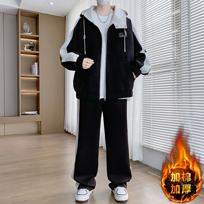 冬季青少年加厚加棉卫衣开衫12男孩15岁初高中学生14大童运动套装