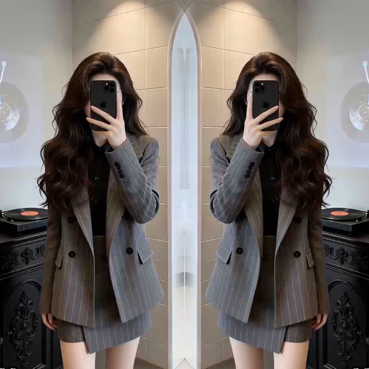 2026早秋新款女装职业条纹西服套装女裙灰色显瘦外套短裙两件套女