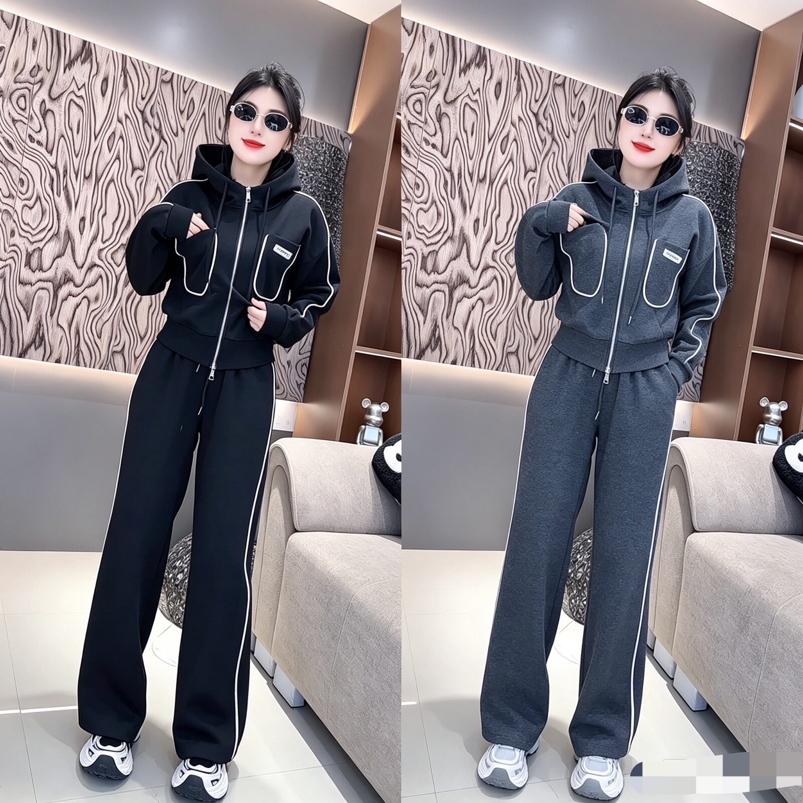 2026秋季新款时尚休闲运动套装女连帽卫衣外套阔腿裤长裤两件套潮