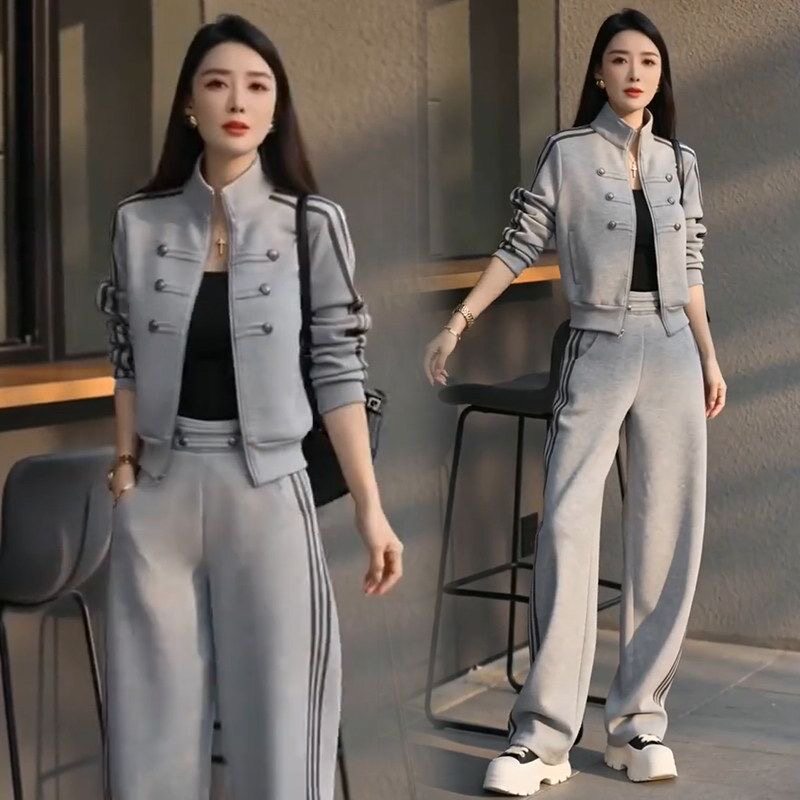 时尚休闲运动套装女2026秋季新款显瘦立领长袖外套阔腿裤两件套女