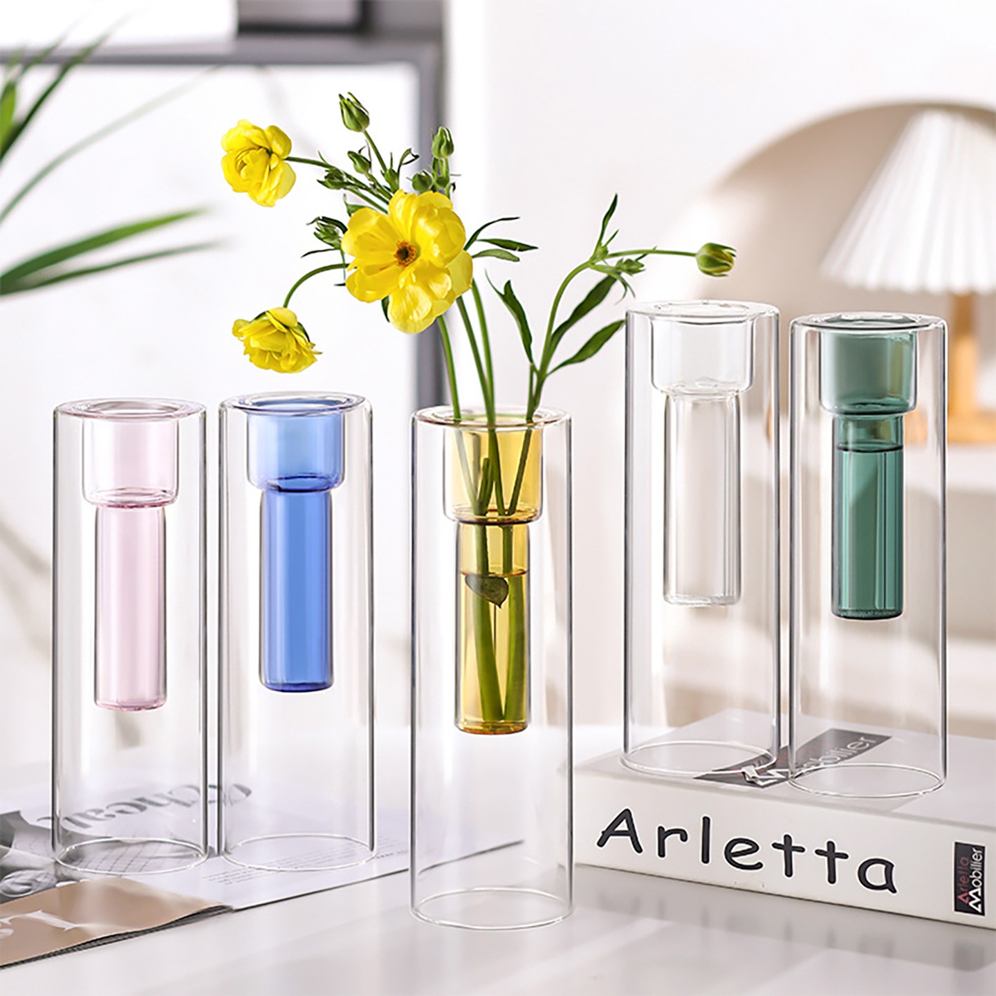 简约现代双层彩色玻璃花瓶创意透明直筒花器个性花艺百搭家居摆件