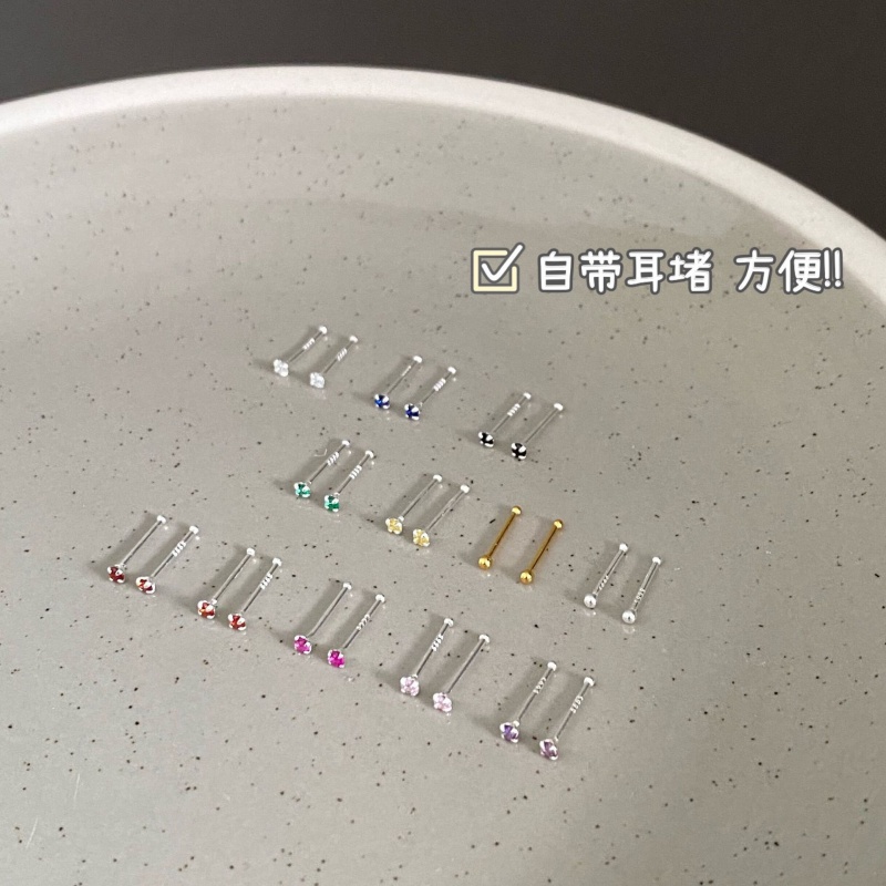 耳钉女纯银S999彩色锆石迷你小巧