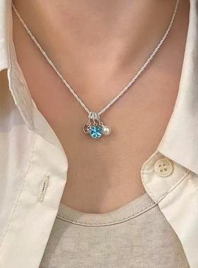 蓝色方糖方钻锆石爱心珍珠吊坠项