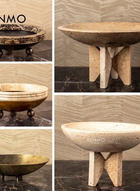 本墨黄铜洞石装饰果盘诧寂风摆件