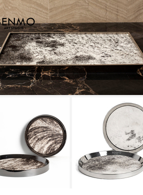 本墨轻奢马毛圆形托盘样板间摆件