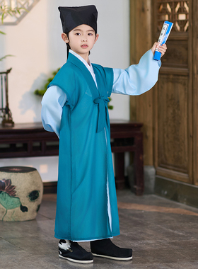 汉服男童儿童古装国学服古风男宝书童演出服开笔礼服装三字经六一