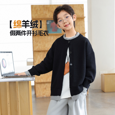 【巴恩风假两件绵羊绒毛衣开衫】