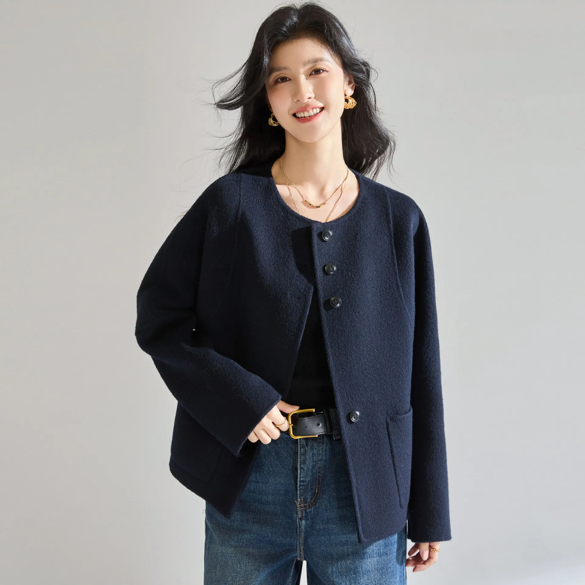 25秋冬圆领单排扣羊毛双面呢大衣弯刀袖百搭减龄气质短外套25642