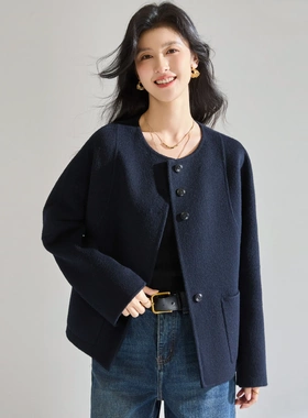 25秋冬圆领单排扣羊毛双面呢大衣弯刀袖百搭减龄气质短外套25642