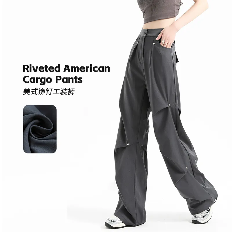 美式黑色工装裤女秋冬2025新款显瘦直筒高街宽松伞兵阔腿运动裤子