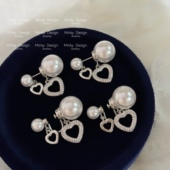 「恋爱星球」原创爱心珍珠耳钉蚊香盘耳夹无耳洞小众设计耳环耳饰