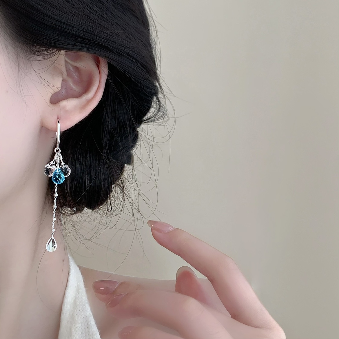 「海水滴答」原创设计长款蓝色水滴耳饰蚊香盘耳夹女无耳洞耳环