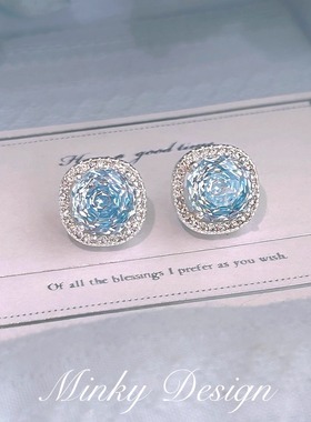 「海岛风信」千禧切锆石！蓝色蚊香盘耳夹无耳洞耳钉女耳环耳饰