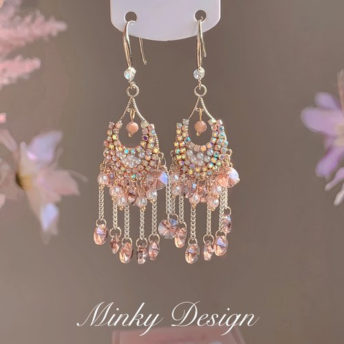 「许愿池少女」粉色长款流苏耳饰蚊香盘耳夹超仙款重工耳钩耳环女