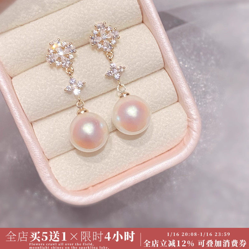 「花雪」气质长款粉光珍珠气质耳环蚊香盘耳夹无耳洞耳饰女耳钉银