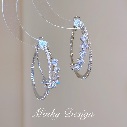 「自由之水」银色耳圈耳环方圆脸蚊香盘耳夹女无耳洞耳钉锆石耳饰