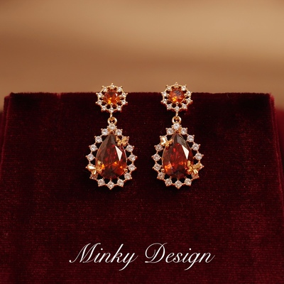 「焰耳红芒」复古轻奢耳环水滴气质耳钉蚊香盘耳夹无耳洞红色耳饰