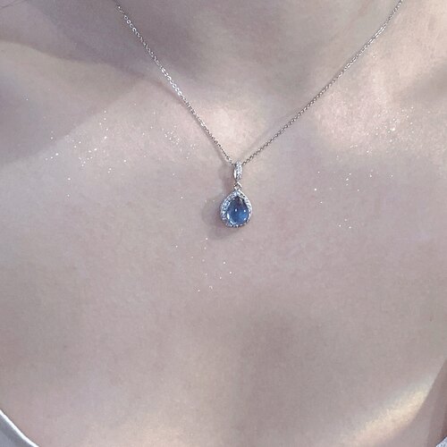天然海蓝宝水滴纯银项链