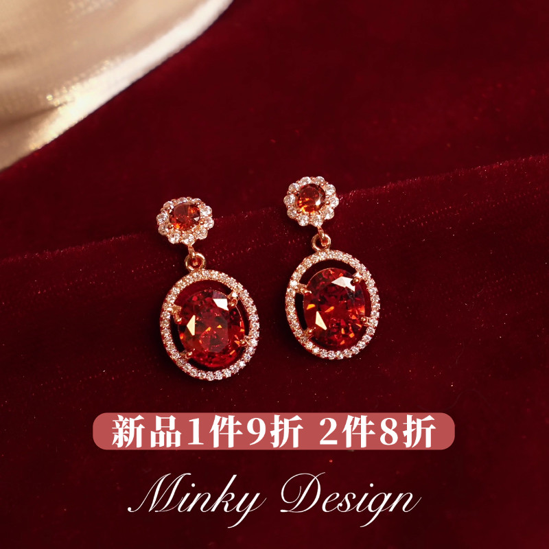 「丹麦邂逅」原创复古红色耳坠蚊香盘耳夹无耳洞耳钉轻奢耳环耳饰