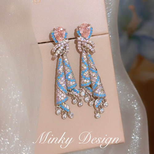 Minky「交织的梦」粉蓝撞色锆石耳钉蚊香盘耳夹无耳洞女耳饰耳环