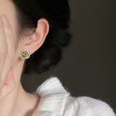 「翠波儿」法式 绿色锆石耳饰蚊香盘耳夹耳饰女耳钉银复古耳环气质