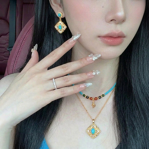 Minky「青松四序」绿松石复古耳饰耳环项链四叶草精致锁骨链套装